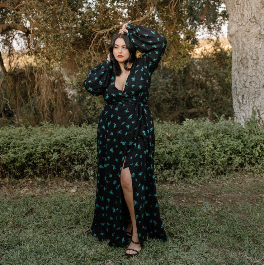 green emerald velvet dress Dani Black and Green Floral Print Wrap Midi Dress main image 0